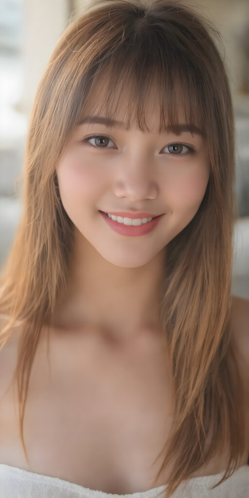 a (((super realistic))), (((high quality 8K image with intricate details))), capturing a (((extremely cute and stunning Asian teen girl) with vivid, long, straight hair styled in soft bangs, clear and natural eyes reflecting light, a charming smile softly curved, natural-looking lips, perfect for showcasing her beautiful face. She wears a ((white cropped top)) and ((short short jeans)), (((both open to emphasize her perfect legs)), with the sun's rays illuminating her skin, giving it an ethereal glow. (((She wears a single thin ((white) strapless cropped top and ((white jeans)), open to reveal her ((perfect legs).))) The scene is (extremely detailed) and (blurry background) with a ((face-forward pose)) and a ((natural look)) that emphasizes her youthful features. (((She is as realistic as possible, with a slightly flawless complexion and perfectly straight white teeth, all visible in a full-body portrait))).