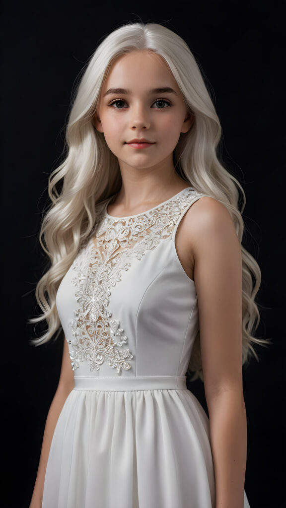 a (((super realistic and detailed)) white teenage girl with long, soft ((white hair)) and a ((white dress)), standing against a (((black backdrop))), her features and details intricate and lifelike