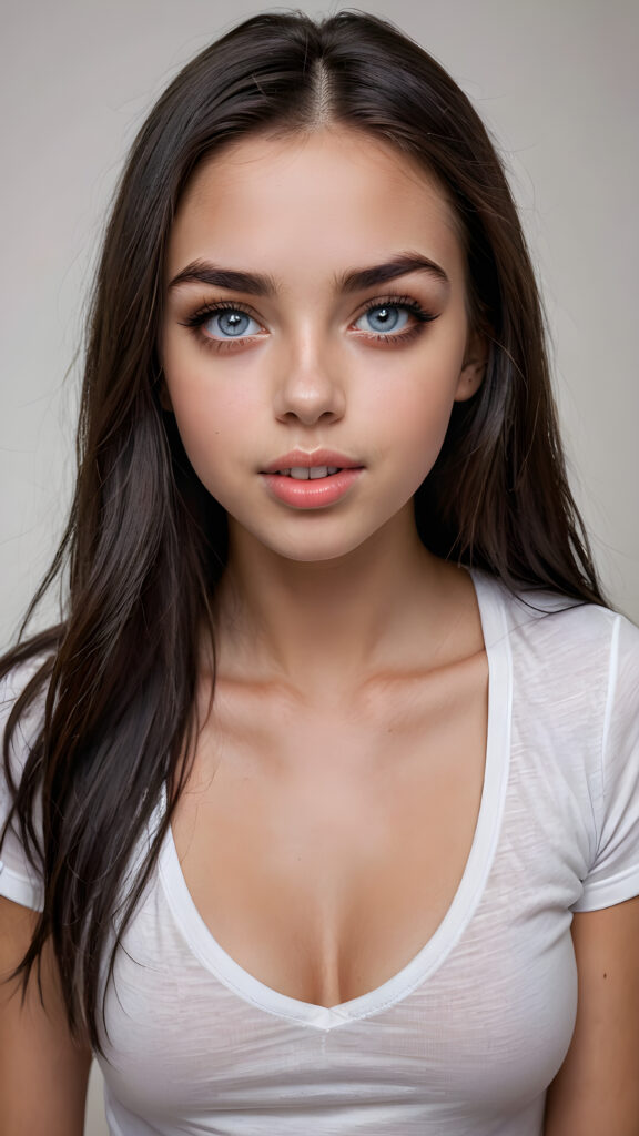 a (((super realistic photo))), captured from a (((young stunning and gorgeous well-busted teen girl)) with long straight obsidian hair, full lips, hyper-realistic eyes with perfectly matching pupils and white irises, a small flawless nose, and perfectly aligned and symmetrical front teeth, dressed in a (short tight white t-shirt with an open v-neck)