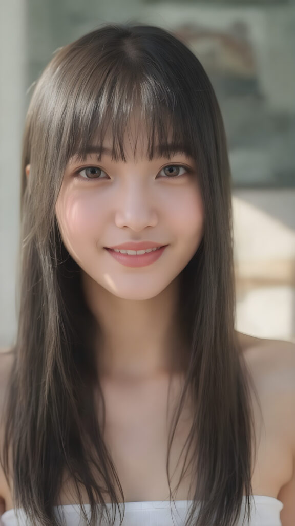 a (((super realistic))), (((high quality 8K image with intricate details))), capturing a (((extremely cute and stunning Asian teen girl) with vivid, long, straight black hair styled in soft bangs, clear and natural eyes reflecting light, a charming smile softly curved, natural-looking kissable lips, perfect for showcasing her beautiful face. She wears a ((white cropped top)), with the sun's rays illuminating her skin, giving it an ethereal glow. (((She wears a single thin ((white) strapless cropped top. The scene is (extremely detailed) with a ((face-forward pose)) and a ((natural look)) that emphasizes her youthful features. (((She is as realistic as possible, with a slightly flawless complexion and perfectly straight white teeth, all visible in a full-body portrait))).