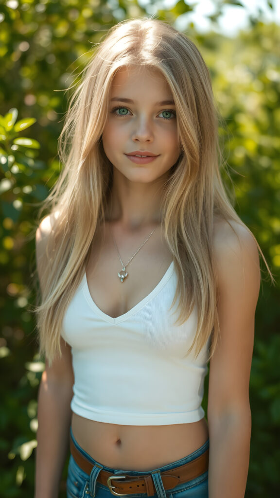 a (((super realistic full body portrait))) featuring a (((beautifully proportioned young teen girl, 14 years old))), round face, full lips, with luxurious ((long, straight jet soft blond hair)) and ((bright green eyes)), dressed in a (((super short, tight white crop top tank top with deep v-neck))), show her belly button, which perfectly complements her sleek, with a (sunny green backdrop) that gives off a (fantastical, whimsical vibe). Her smile is both friendly and sophisticated