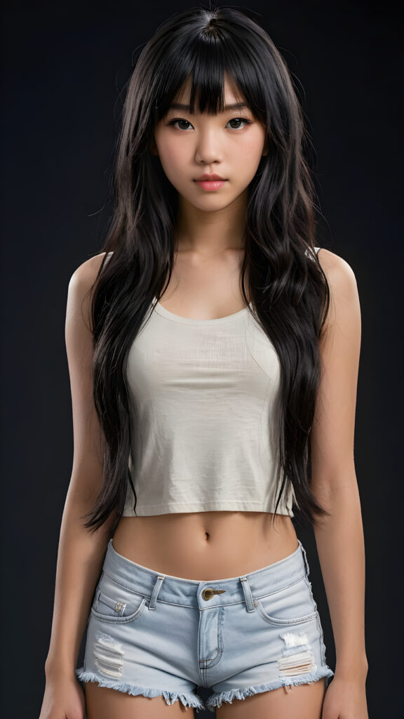 a (((super realistic and highly detailed full-body photo))), capturing a (((beautiful and innocent 13-year-old Asian Emo girl))) with (((very long, thick, wavy black hair with bangs))), and (a short, cropped tank top), she stands in a (dark, gloomy setting) with (volumetric lighting) that brings out her (natural features) and (beautiful eyes), set against a (plain, dark backdrop) that focuses on her face, with (black hair) (perfect, accurate anatomy) and (high quality, high detail) that make her a (super-realistic, 3D character)