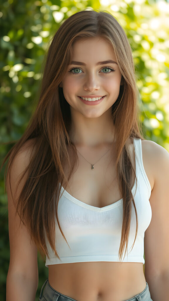 a (((super realistic full body portrait))) featuring a (((beautifully proportioned young teen girl, 13 years old))), round face, full lips, with luxurious ((long, straight jet soft auburn hair)) and ((bright green eyes)), dressed in a (((super short, tight white crop top tank top with deep v-neck))), show her belly button, which perfectly complements her sleek, with a (sunny green backdrop) that gives off a (fantastical, whimsical vibe). Her smile is both friendly and sophisticated