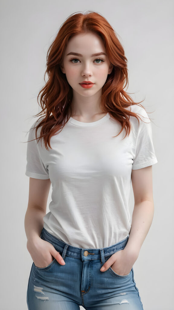 a (((super realistic and highly detailed full-body portrait))), featuring a (((beautiful young girl with delicate, pale white skin))), long, fluffy, super soft red hair that covers half her face, with natural red lips and a cute, playful expression, looking sweetly into the camera. She's dressed in a (((white t-shirt and jeans))), with a (((natural, full-body view))), exuding a (((super real, full-body essence))), as if captured in a (((realistic film scene))). The background is (((completely blurred out)), creating a (((purely fantasy, abstract white backdrop))), against which the girl's features and clothes appear in sharp detail, embodying an ultra-detailed, surreal fantasy aesthetic that is both realistic and highly detailed, with an 8K resolution that brings out every subtle detail, capturing the essence of the latest trends in artstation and photorealistic concept art. ((full body))