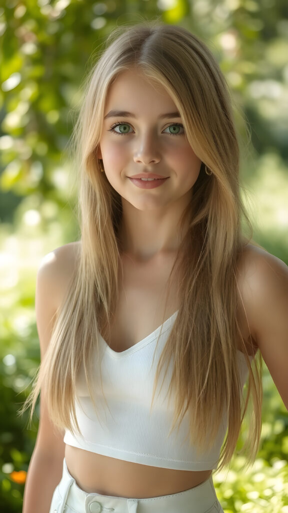 a (((super realistic full body portrait))) featuring a (((beautifully proportioned young teen girl, 14 years old))), round face, full lips, with luxurious ((long, straight jet soft blond hair)) and ((bright green eyes)), dressed in a (((super short, tight white crop top tank top with deep v-neck))), show her belly button, which perfectly complements her sleek, with a (sunny green backdrop) that gives off a (fantastical, whimsical vibe). Her smile is both friendly and sophisticated