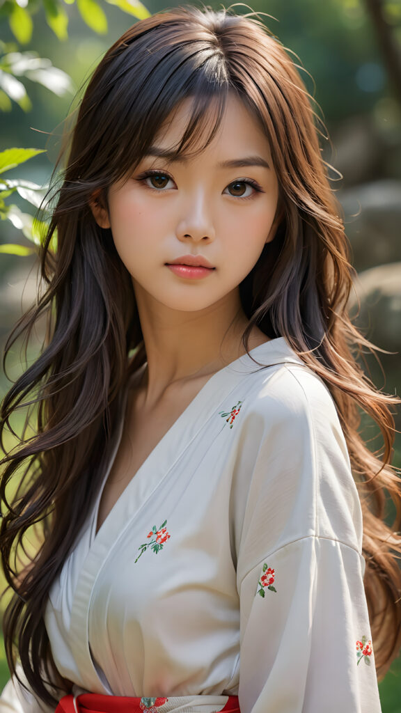 a (((super realistic, detailed portrait))), featuring a (((beautiful young Japanese gir with long, flowing hair))), her gaze softly directed towards the viewer, perfect curved body