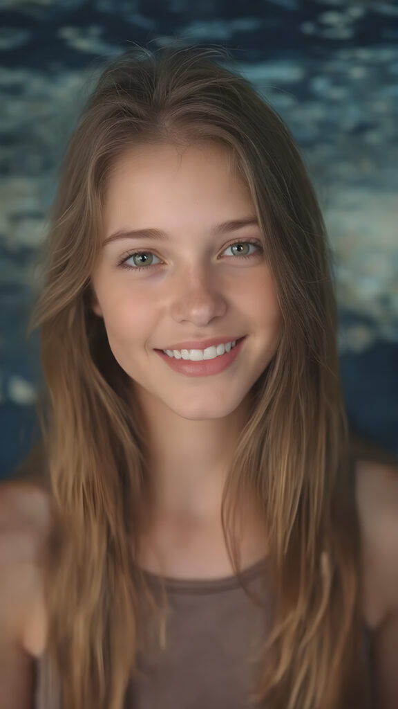 a (((super realistic full body portrait))), with intricate details and perfect proportions, capturing a ((cute teen girl)) with (long, flowing amber hair) and (detailed, brown eyes) that exude (warmth) and (soft, white skin) that blends seamlessly into a (deeply saturated, dark blue background) where the focus is on her upper body and she’s posed with a (warm smile) and perfect white teeth, wearing a (short, sheer, tight tank top) that accentuates her (perfectly proportioned figure) against a (blurry, underwater backdrop) that captures the essence of a (fantastical fantasy) atmosphere