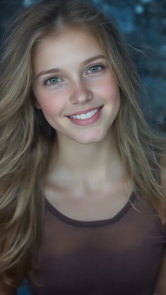 a (((super realistic full body portrait))), with intricate details and perfect proportions, capturing a ((cute teen girl)) with (long, flowing amber hair) and (detailed, brown eyes) that exude (warmth) and (soft, white skin) that blends seamlessly into a (deeply saturated, dark blue background) where the focus is on her upper body and she’s posed with a (warm smile) and perfect white teeth, wearing a (short, sheer, tight tank top) that accentuates her (perfectly proportioned figure) against a (blurry, underwater backdrop) that captures the essence of a (fantastical fantasy) atmosphere