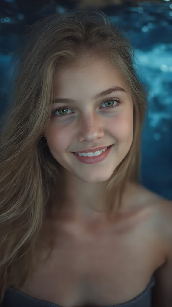 a (((super realistic full body portrait))), with intricate details and perfect proportions, capturing a ((cute teen girl)) with (long, flowing amber hair) and (detailed, brown eyes) that exude (warmth) and (soft, white skin) that blends seamlessly into a (deeply saturated, dark blue background) where the focus is on her upper body and she’s posed with a (warm smile) and perfect white teeth, wearing a (short, sheer, tight tank top) that accentuates her (perfectly proportioned figure) against a (blurry, underwater backdrop) that captures the essence of a (fantastical fantasy) atmosphere