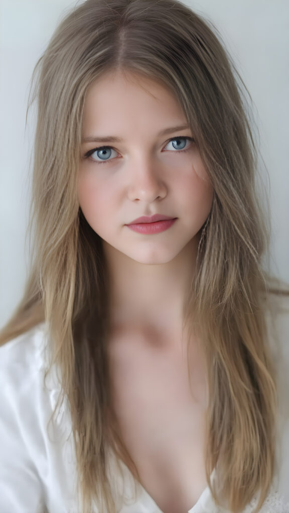 a (((super realistic full body portrait))) with a ((beautiful young girl)) who has (((long, flowing brown hair with intricate details))) that looks sweetly into the camera. Her (((pale white skin almost blends into a soft, light blue complexion))) contrasts beautifully against her natural, untamed beauty. She wears a ((white shirt)), (((low cut))), (((highly detailed and intricately detailed details))), that complements her youthful allure. The shirt has ((small, delicate details)), like a ((diamond pattern)), which adds a touch of sophistication to her ensemble. The overall look is ((natural, outdoorsy)) and perfectly captures her ((untamed beauty))).