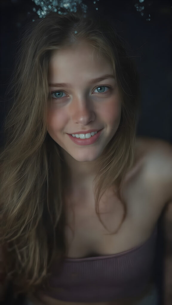 a (((super realistic full body portrait))), with intricate details and perfect proportions, capturing a ((cute teen girl)) with (long, flowing amber hair) and (detailed, brown eyes) that exude (warmth) and (soft, white skin) that blends seamlessly into a (deeply saturated, dark blue background) where the focus is on her upper body and she’s posed with a (warm smile) and perfect white teeth, wearing a (short, sheer, tight tank top) that accentuates her (perfectly proportioned figure) against a (blurry, underwater backdrop) that captures the essence of a (fantastical fantasy) atmosphere