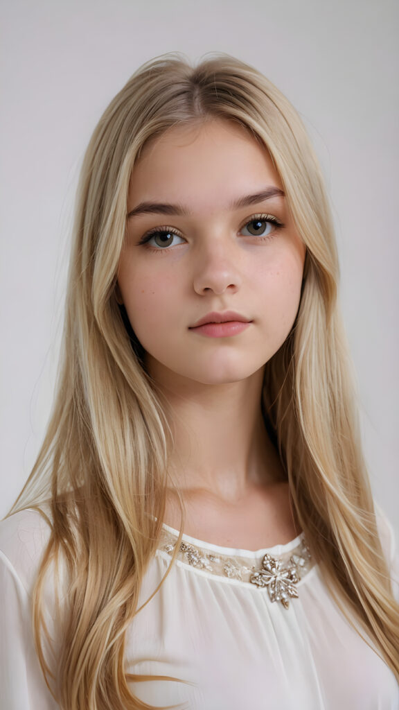 a (((super realistic teenage girl))) with long, straight, (((blond hair))) that cascade down her elegant yet (((attractive face))) and frame a (((realistically detailed angelic round face))) that seems to convey a sense of melancholy in a (((perfectly curved portrait shot))), standing against a (((barely there)) white backdrop)