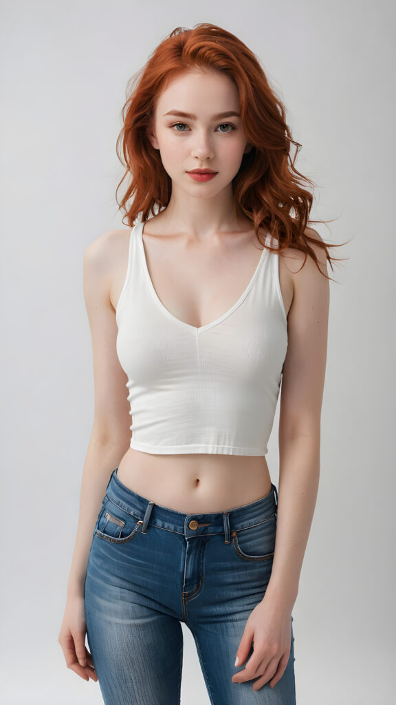 a (((super realistic and highly detailed full-body portrait))), featuring a (((beautiful young girl with delicate, pale white skin))), long, fluffy, super soft red hair that covers half her face, with natural red lips and a cute, playful expression, looking sweetly into the camera. She's dressed in a (((white cropped tank top with deep v-neck and jeans))), with a (((natural, full-body view))), exuding a (((super real, full-body essence))), as if captured in a (((realistic film scene))). The background is (((completely blurred out)), creating a (((purely fantasy, abstract white backdrop))), against which the girl's features and clothes appear in sharp detail, embodying an ultra-detailed, surreal fantasy aesthetic that is both realistic and highly detailed, with an 8K resolution that brings out every subtle detail, capturing the essence of the latest trends in artstation and photorealistic concept art. ((full body))