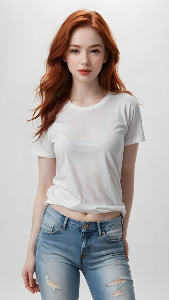 a (((super realistic and highly detailed full-body portrait))), featuring a (((beautiful young girl with delicate, pale white skin))), long, fluffy, super soft red hair that covers half her face, with natural red lips and a cute, playful expression, looking sweetly into the camera. She's dressed in a (((white t-shirt and jeans))), with a (((natural, full-body view))), exuding a (((super real, full-body essence))), as if captured in a (((realistic film scene))). The background is (((completely blurred out)), creating a (((purely fantasy, abstract white backdrop))), against which the girl's features and clothes appear in sharp detail, embodying an ultra-detailed, surreal fantasy aesthetic that is both realistic and highly detailed, with an 8K resolution that brings out every subtle detail, capturing the essence of the latest trends in artstation and photorealistic concept art. ((full body))