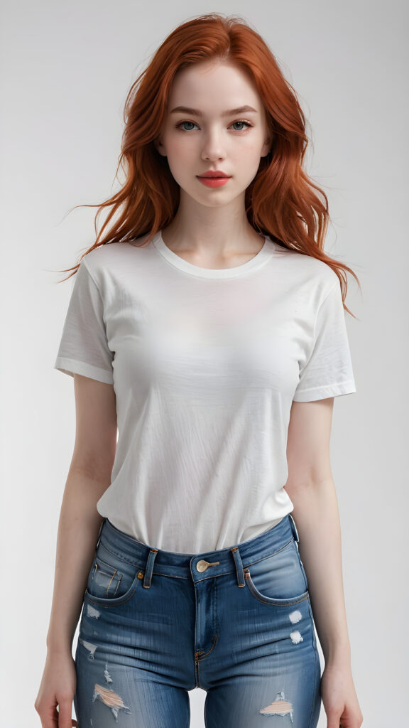 a (((super realistic and highly detailed full-body portrait))), featuring a (((beautiful young girl with delicate, pale white skin))), long, fluffy, super soft red hair that covers half her face, with natural red lips and a cute, playful expression, looking sweetly into the camera. She's dressed in a (((white t-shirt and jeans))), with a (((natural, full-body view))), exuding a (((super real, full-body essence))), as if captured in a (((realistic film scene))). The background is (((completely blurred out)), creating a (((purely fantasy, abstract white backdrop))), against which the girl's features and clothes appear in sharp detail, embodying an ultra-detailed, surreal fantasy aesthetic that is both realistic and highly detailed, with an 8K resolution that brings out every subtle detail, capturing the essence of the latest trends in artstation and photorealistic concept art. ((full body))