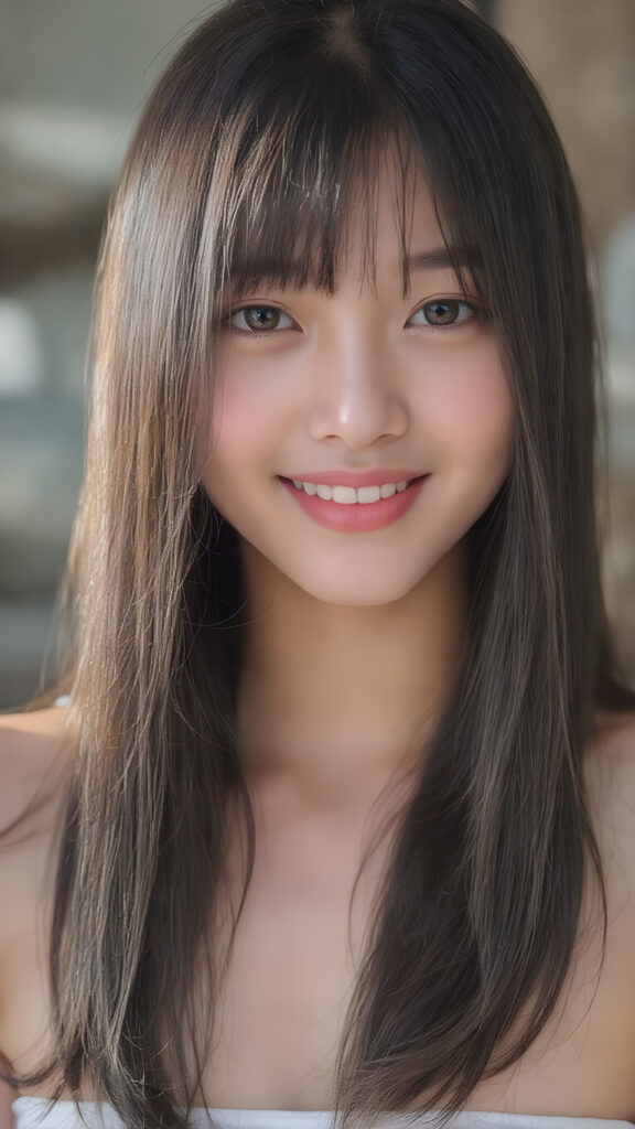 a (((super realistic))), (((high quality 8K image with intricate details))), capturing a (((extremely cute and stunning Asian teen girl) with vivid, long, straight black hair styled in soft bangs, clear and natural eyes reflecting light, a charming smile softly curved, natural-looking kissable lips, perfect for showcasing her beautiful face. She wears a ((white cropped top)), with the sun's rays illuminating her skin, giving it an ethereal glow. (((She wears a single thin ((white) strapless cropped top. The scene is (extremely detailed) with a ((face-forward pose)) and a ((natural look)) that emphasizes her youthful features. (((She is as realistic as possible, with a slightly flawless complexion and perfectly straight white teeth, all visible in a full-body portrait))).