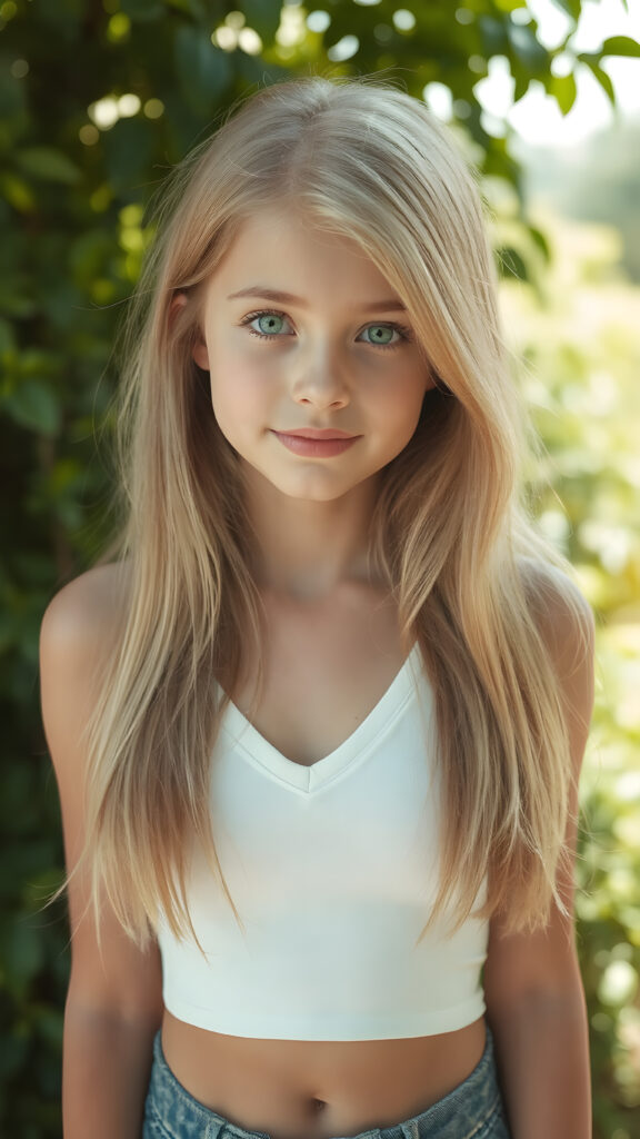 a (((super realistic full body portrait))) featuring a (((beautifully proportioned young teen girl, 14 years old))), round face, full lips, with luxurious ((long, straight jet soft blond hair)) and ((bright green eyes)), dressed in a (((super short, tight white crop top tank top with deep v-neck))), show her belly button, which perfectly complements her sleek, with a (sunny green backdrop) that gives off a (fantastical, whimsical vibe). Her smile is both friendly and sophisticated