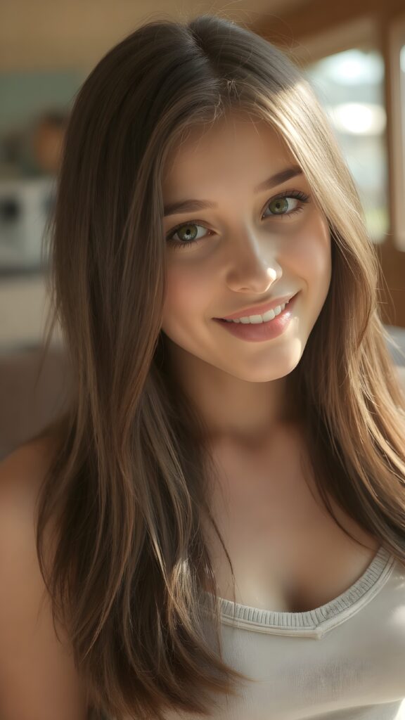 a (((super realistic full length photo))), capturing a (((beautifully proportioned young well busty teen girl))) with luxurious, long straight brown soft hair, complemented by (perfectly white teeth) and a (tiny, yet incredibly defined v-neck on her short, tight tank top. The photo exudes a sense of (extreme clarity and detail), highlighting every aspect of her features. Her face is seen in a full-body shot, against a (sunny backdrop that perfectly complements her features). She is seen from a side shot, emphasizing her (striking beauty) and perfect proportions. The photo is seen in a (high-resolution, ultra-realistic detail), capturing the essence of a (super realistic moment).