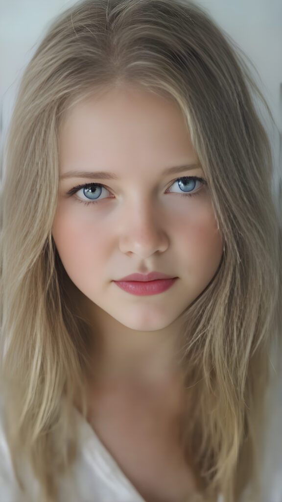 a (((super realistic full body portrait))) with a ((beautiful young girl)) who has (((long, flowing brown hair with intricate details))) that looks sweetly into the camera. Her (((pale white skin almost blends into a soft, light blue complexion))) contrasts beautifully against her natural, untamed beauty. She wears a ((white shirt)), (((low cut))), (((highly detailed and intricately detailed details))), that complements her youthful allure. The shirt has ((small, delicate details)), like a ((diamond pattern)), which adds a touch of sophistication to her ensemble. The overall look is ((natural, outdoorsy)) and perfectly captures her ((untamed beauty))).