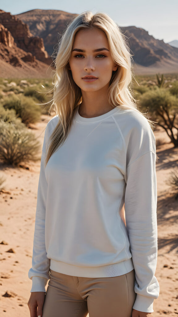 a (((super realistic full length photograph))), captured in 8K, showcasing a (((beautiful young model girl))) with luxuriously long, silky straight platinum blond hair and a sleekly poised body, dressed in a plain white sweatshirt that complements her flawless complexion. She stands confidently in the desert, her lips perfectly shaped and painted in a soft, natural hue, contrasting brilliantly against the arid backdrop