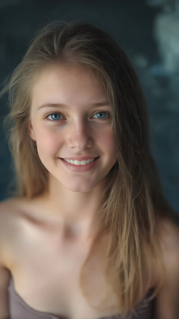 a (((super realistic full body portrait))), with intricate details and perfect proportions, capturing a ((cute teen girl)) with (long, flowing amber hair) and (detailed, brown eyes) that exude (warmth) and (soft, white skin) that blends seamlessly into a (deeply saturated, dark blue background) where the focus is on her upper body and she’s posed with a (warm smile) and perfect white teeth, wearing a (short, sheer, tight tank top) that accentuates her (perfectly proportioned figure) against a (blurry, underwater backdrop) that captures the essence of a (fantastical fantasy) atmosphere