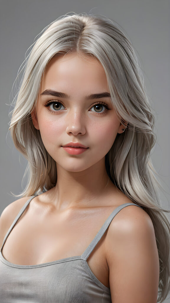 a (((super realistic, 4K-detailed face))) of a (((cute young girl))) with perfectly curved body and straight, long, soft white hair in a (croptop), looking directly at the camera with a (side view) against a (grey background), advanced as a pencil drawing