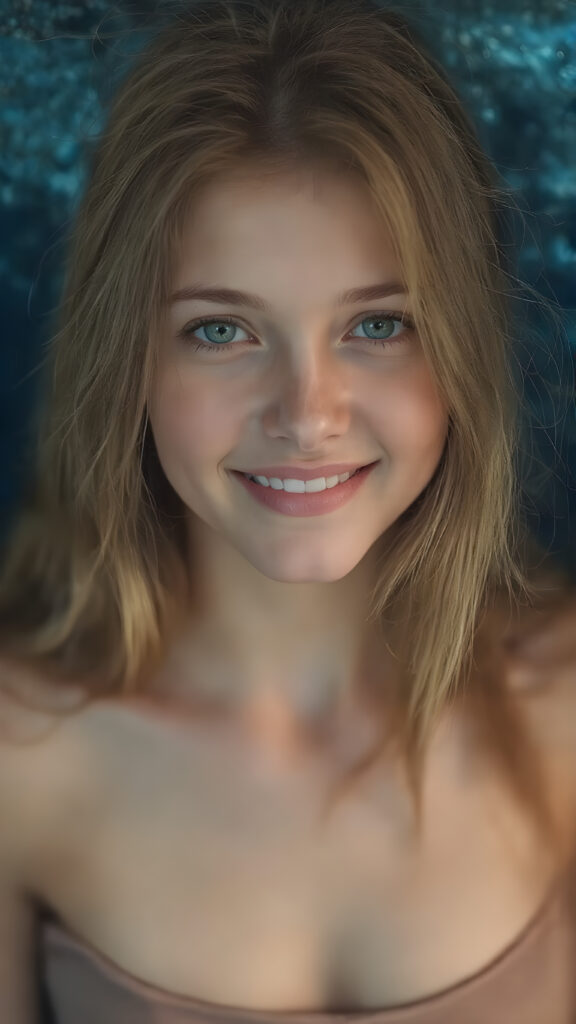 a (((super realistic full body portrait))), with intricate details and perfect proportions, capturing a ((cute teen girl)) with (long, flowing amber hair) and (detailed, brown eyes) that exude (warmth) and (soft, white skin) that blends seamlessly into a (deeply saturated, dark blue background) where the focus is on her upper body and she’s posed with a (warm smile) and perfect white teeth, wearing a (short, sheer, tight tank top) that accentuates her (perfectly proportioned figure) against a (blurry, underwater backdrop) that captures the essence of a (fantastical fantasy) atmosphere