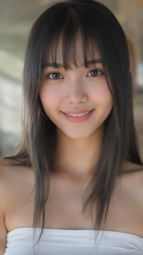 a (((super realistic))), (((high quality 8K image with intricate details))), capturing a (((extremely cute and stunning Asian teen girl) with vivid, long, straight black hair styled in soft bangs, clear and natural eyes reflecting light, a charming smile softly curved, natural-looking kissable lips, perfect for showcasing her beautiful face. She wears a ((white cropped top)), with the sun's rays illuminating her skin, giving it an ethereal glow. (((She wears a single thin ((white) strapless cropped top. The scene is (extremely detailed) with a ((face-forward pose)) and a ((natural look)) that emphasizes her youthful features. (((She is as realistic as possible, with a slightly flawless complexion and perfectly straight white teeth, all visible in a full-body portrait))).