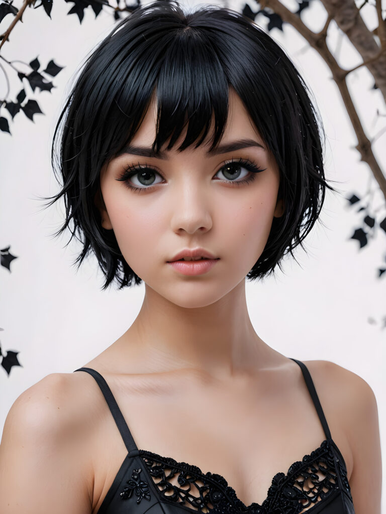 a (((super realistic, highly detailed, intricate photography))), capturing a (((beautiful young teen Emo girl))) with an extremely defined and detailed face, including (((perfect, detailed obsidian black short hair, bangs))), intense eye shadow, and a (short, detailed black dress) with (sharply contrasting, luxurious black and white details), paired with (distinctively shaped, vividly hued glass heels) and a (modern, minimalist white backdrop) for a (close-up, detailed portrait) that exudes an (ominous, seductive aura), accented by (subtle yet intricate gothic details) like (dark, twisted foliage) and (ethereal, shimmering glowing particles) that imbue a sense of mystery and magic