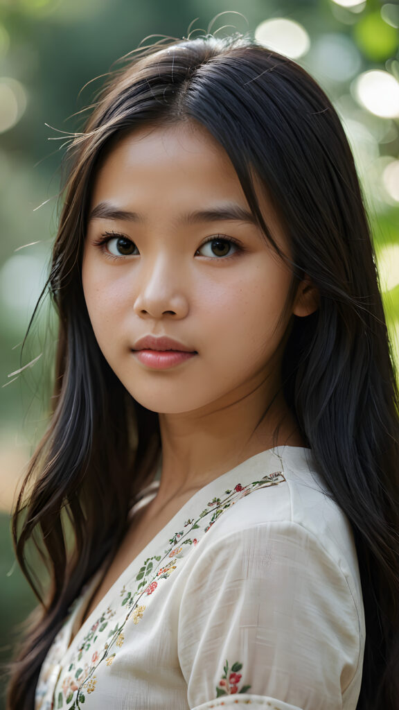 a (((super realistic, detailed portrait))), featuring a (((beautiful young 14 years old Vietnamese girl with long black soft hair))), her gaze softly directed towards the viewer, perfect curved body