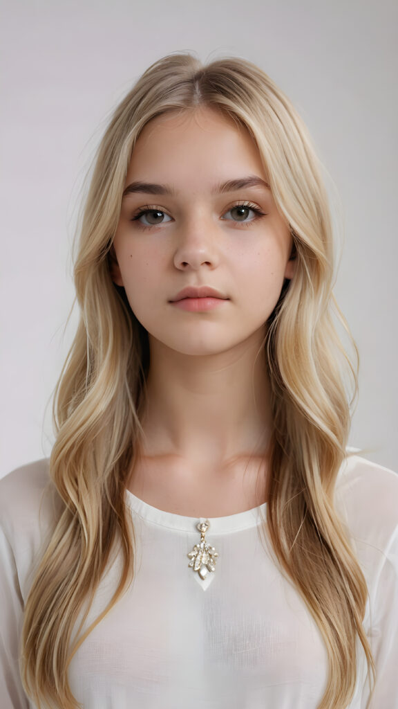 a (((super realistic teenage girl))) with long, straight, (((blond hair))) that cascade down her elegant yet (((attractive face))) and frame a (((realistically detailed angelic round face))) that seems to convey a sense of melancholy in a (((perfectly curved portrait shot))), standing against a (((barely there)) white backdrop)