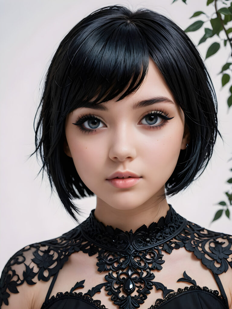 a (((super realistic, highly detailed, intricate photography))), capturing a (((beautiful young teen Emo girl))) with an extremely defined and detailed face, including (((perfect, detailed obsidian black short hair, bangs))), intense eye shadow, and a (short, detailed black dress) with (sharply contrasting, luxurious black and white details), paired with (distinctively shaped, vividly hued glass heels) and a (modern, minimalist white backdrop) for a (close-up, detailed portrait) that exudes an (ominous, seductive aura), accented by (subtle yet intricate gothic details) like (dark, twisted foliage) and (ethereal, shimmering glowing particles) that imbue a sense of mystery and magic