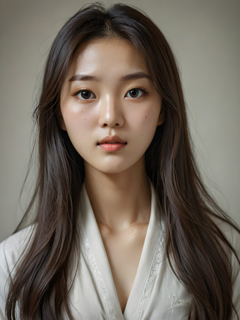 a (((super realistic, detailed portrait))), featuring a (((beautiful young Korean girl with long, hair))), her gaze softly directed towards the viewer, perfect curved body