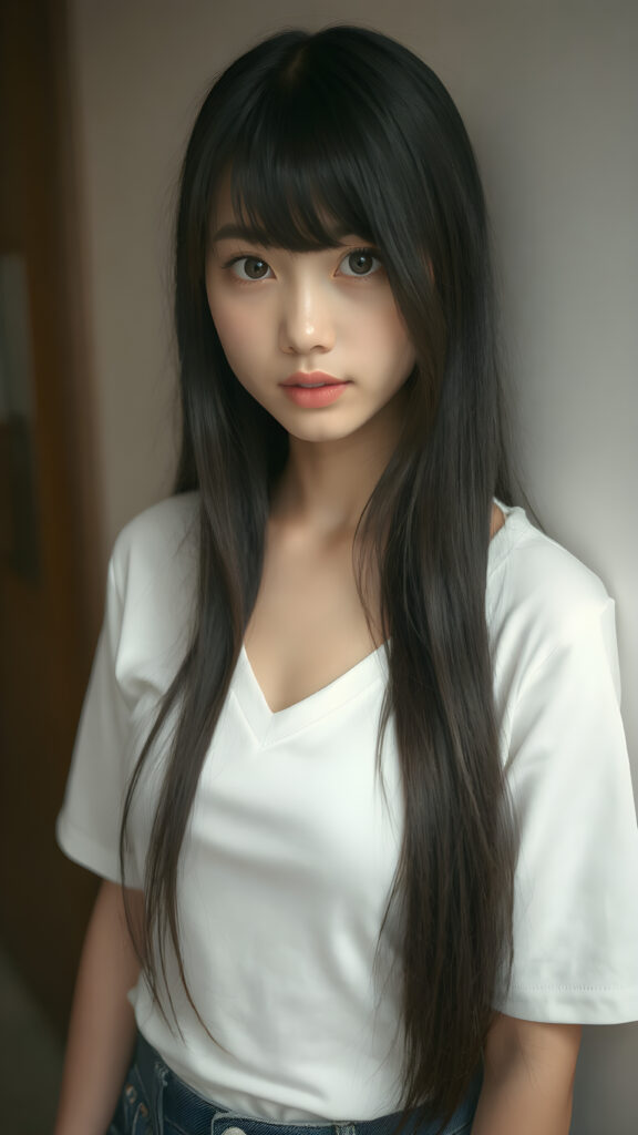 a (((super realistic full body photo))), captured from a (((young stunning and gorgeous well-busted Japanese teen girl)) with long straight obsidian hair, bangs cut, full lips, hyper-realistic eyes with perfectly matching pupils and white irises, a small flawless nose, and perfectly aligned and symmetrical front teeth, dressed in a (short tight white t-shirt with a deep v-neck)