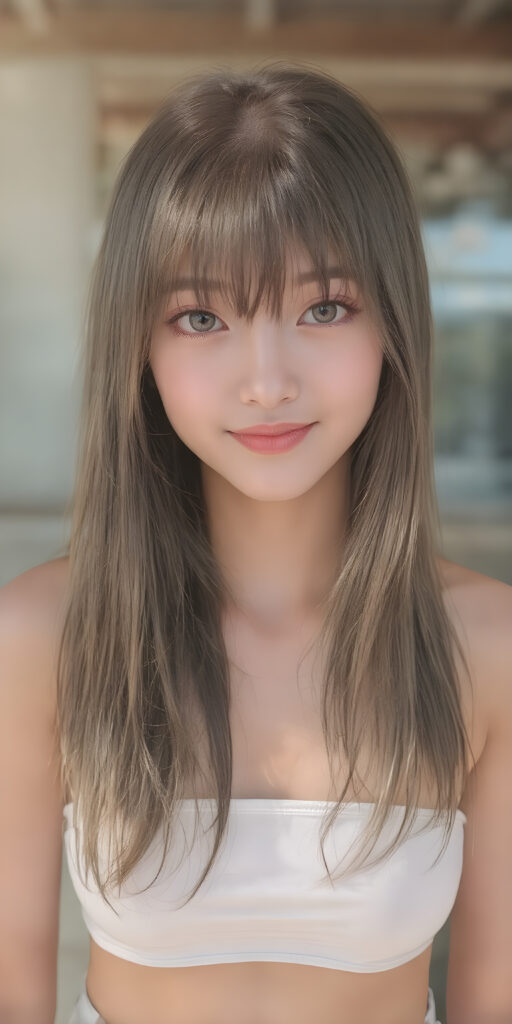 a (((super realistic))), (((high quality 8K image with intricate details))), capturing a (((extremely cute and stunning Asian teen girl) with vivid, long, straight dark blond hair styled in soft bangs, clear and natural eyes reflecting light, a charming smile softly curved, natural-looking lips, perfect for showcasing her beautiful face. She wears a ((white cropped top)) and ((short short jeans)), (((both open to emphasize her perfect legs)), with the sun's rays illuminating her skin, giving it an ethereal glow. (((She wears a single thin ((white) strapless cropped top and ((white jeans)), open to reveal her ((perfect legs).))) The scene is (extremely detailed) and (blurry background) with a ((face-forward pose)) and a ((natural look)) that emphasizes her youthful features. (((She is as realistic as possible, with a slightly flawless complexion and perfectly straight white teeth, all visible in a full-body portrait))).