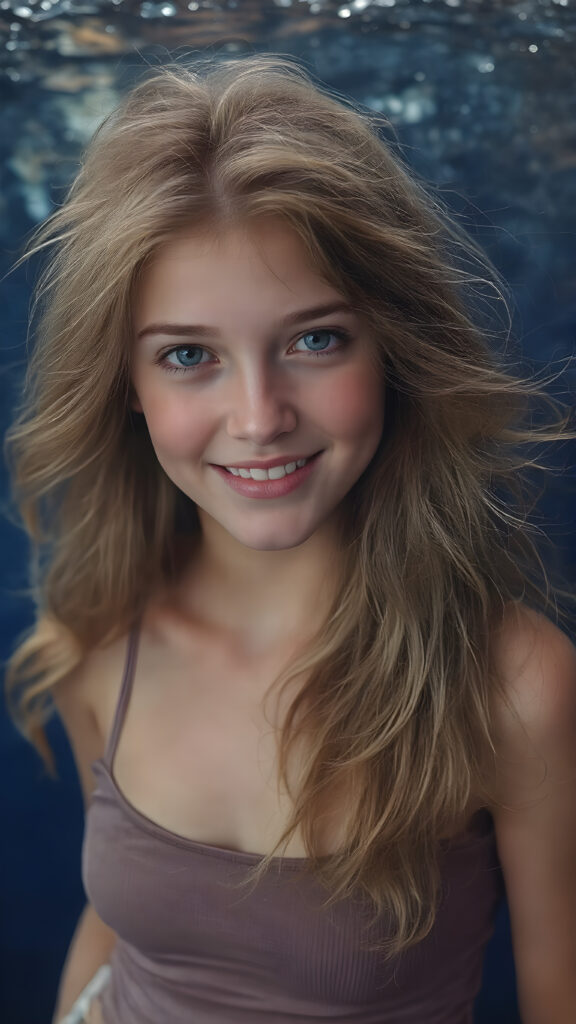 a (((super realistic full body portrait))), with intricate details and perfect proportions, capturing a ((cute teen girl)) with (long, flowing amber hair) and (detailed, brown eyes) that exude (warmth) and (soft, white skin) that blends seamlessly into a (deeply saturated, dark blue background) where the focus is on her upper body and she’s posed with a (warm smile) and perfect white teeth, wearing a (short, sheer, tight tank top) that accentuates her (perfectly proportioned figure) against a (blurry, underwater backdrop) that captures the essence of a (fantastical fantasy) atmosphere