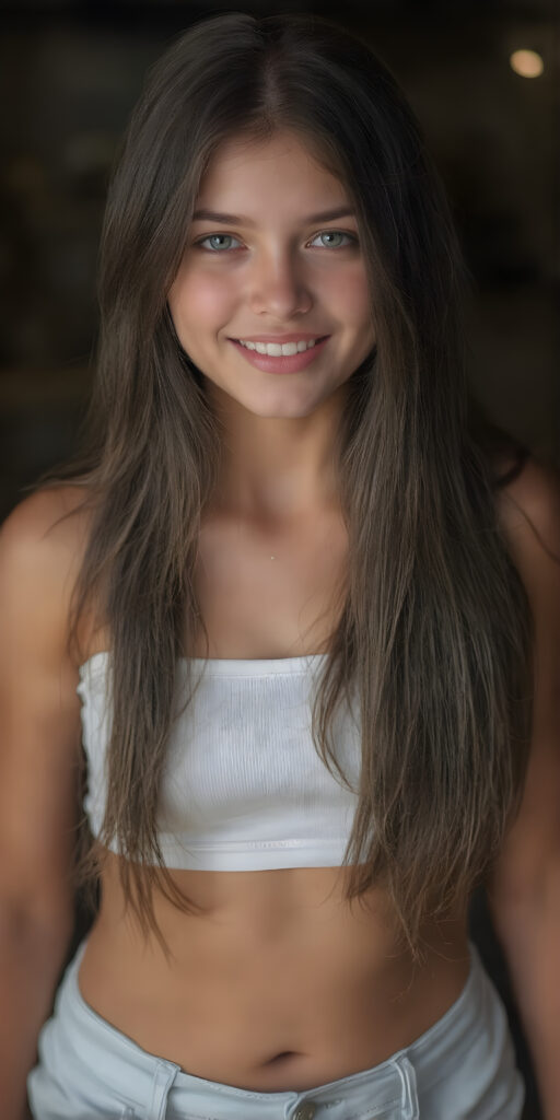 a (((super realistic and exceptionally detailed full-body photograph))), featuring a (((beautifully proportioned young teen girl) with perfectly straight soft white teeth and luxuriously long, straight, thick, black soft hair), perfectly proportioned lips that are just barely parted, wearing a (white sleeveless short crop top that covers her mid-thigh) and (short shorts) that highlight her (perfectly proportioned thighs). She is looking directly at the camera, with a warm, inviting smile. The scene is backlit with (dynamic lights) that bring out her (natural-toned figure) in a (hyper realistic portrait) reminiscent of classic Hollywood studio lighting, with (high-resolution, cinematic quality) that captures the essence of a (modern teen girl) with an (extremely detailed, hyper realistic skin) and (realistically proportioned limbs) in a (symmetrically composed, wide-angle view) that brings out her (natural beauty)