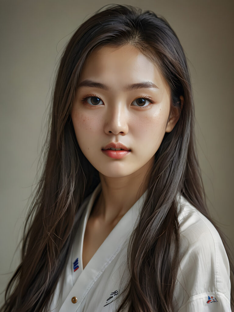 a (((super realistic, detailed portrait))), featuring a (((beautiful young Korean girl with long, hair))), her gaze softly directed towards the viewer, perfect curved body