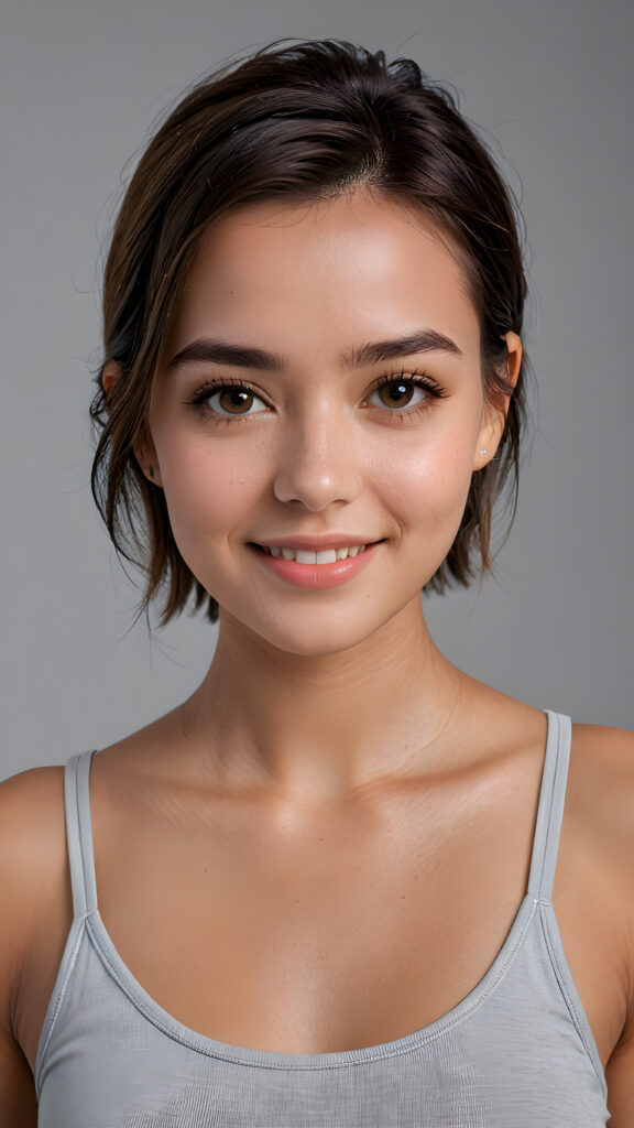 a (((super realistic 4K-detailed face))) with a perfect, slightly curved facial structure and expressive features, set against a softly gray (((background))), facing the camera with short, straight hair and a cute, young girl’s smile, wearing a sleek, minimalist ((straight-shouldered tank top)), in a (side view, advanced perspective)