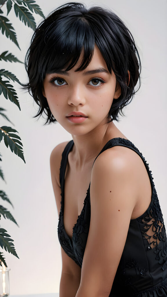 a (((super realistic, highly detailed, intricate photography))), capturing a (((beautiful young teen girl))) with an extremely defined and detailed face, including (((perfect, detailed obsidian black short hair, bangs))), intense eye shadow, and a (short, v-neck black tank top) with (sharply contrasting, luxurious black and white details), paired with (distinctively shaped, vividly hued glass heels) and a (modern, minimalist white backdrop) for a (full body photo) that exudes an (ominous, seductive aura), accented by (subtle yet intricate gothic details) like (dark, twisted foliage) and (ethereal, shimmering glowing particles) that imbue a sense of mystery and magic