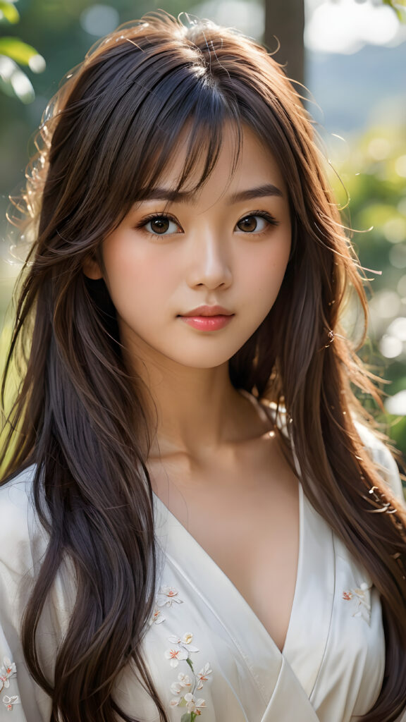 a (((super realistic, detailed portrait))), featuring a (((beautiful young Japanese gir with long, flowing hair))), her gaze softly directed towards the viewer, perfect curved body