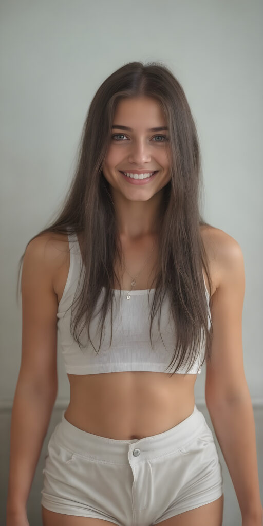 a (((super realistic and exceptionally detailed full-body photograph))), featuring a (((beautifully proportioned young teen girl) with perfectly straight soft white teeth and luxuriously long, straight, thick, black soft hair), perfectly proportioned lips that are just barely parted, wearing a (white sleeveless short crop top that covers her mid-thigh) and (short shorts) that highlight her (perfectly proportioned thighs). She is looking directly at the camera, with a warm, inviting smile. The scene is backlit with (dynamic lights) that bring out her (natural-toned figure) in a (hyper realistic portrait) reminiscent of classic Hollywood studio lighting, with (high-resolution, cinematic quality) that captures the essence of a (modern teen girl) with an (extremely detailed, hyper realistic skin) and (realistically proportioned limbs) in a (symmetrically composed, wide-angle view) that brings out her (natural beauty)