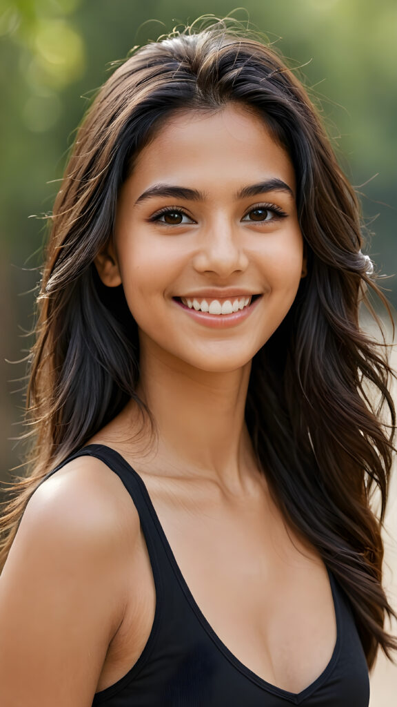 a (((super realistic photograph))), capturing a (((beautiful young free and happy Pakistani girl))) with (((detailed, long straight jet black full soft hair))), flawlessly smooth skin, and bright, natural-looking eyes, alluring smile, poised in a happy, comfortable position. She wears a ((short tight tank top)), deep v-neck with open front that highlights her perfect figure. The scene is framed by her full body, featuring a (((happy face))) with perfect teeth and a natural looking smile that complements her flawless skin, (a city in Pakistan in backdrop)