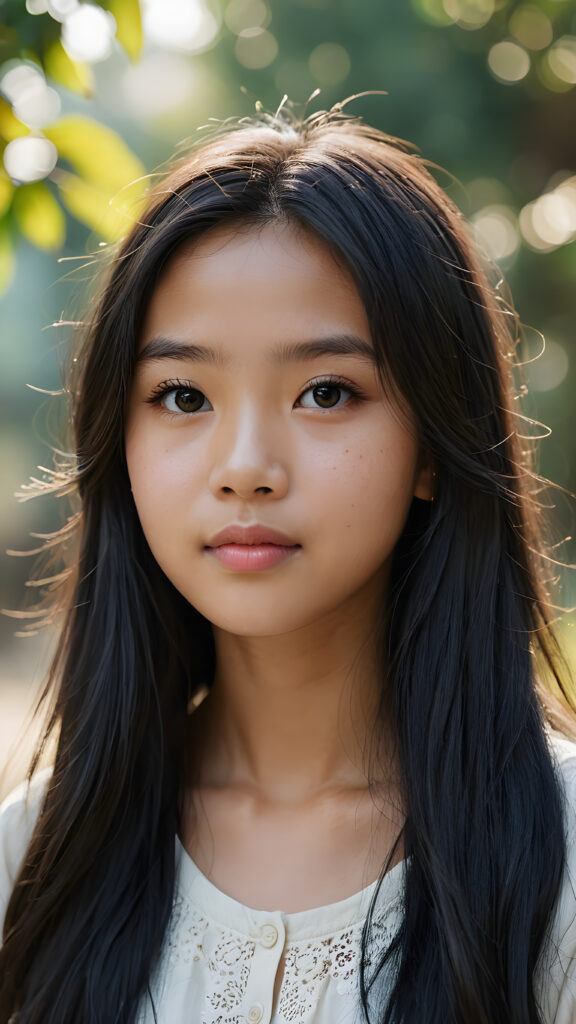 a (((super realistic, detailed portrait))), featuring a (((beautiful young 14 years old Vietnamese girl with long black soft hair))), her gaze softly directed towards the viewer, perfect curved body