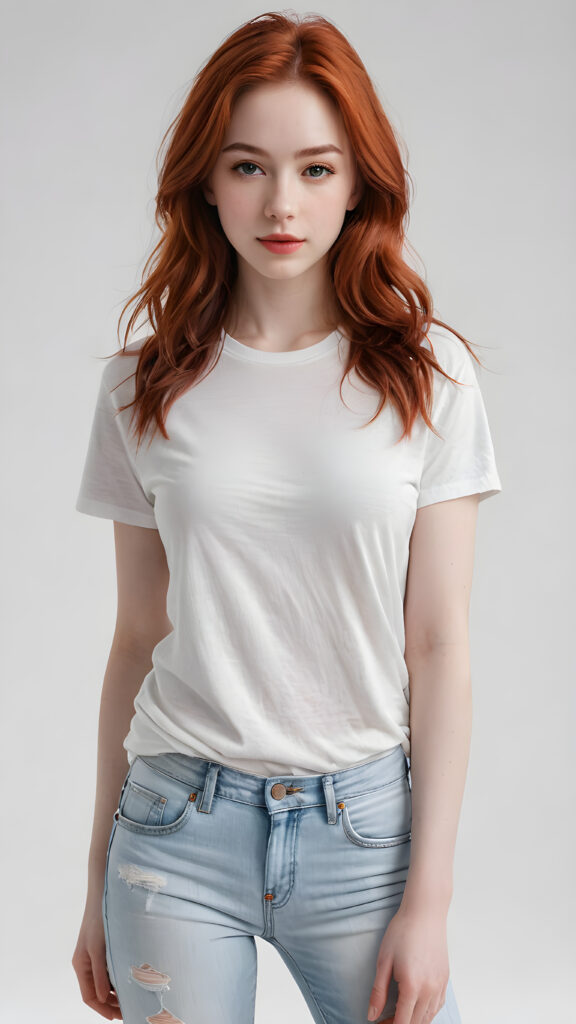 a (((super realistic and highly detailed full-body portrait))), featuring a (((beautiful young girl with delicate, pale white skin))), long, fluffy, super soft red hair that covers half her face, with natural red lips and a cute, playful expression, looking sweetly into the camera. She's dressed in a (((white t-shirt and jeans))), with a (((natural, full-body view))), exuding a (((super real, full-body essence))), as if captured in a (((realistic film scene))). The background is (((completely blurred out)), creating a (((purely fantasy, abstract white backdrop))), against which the girl's features and clothes appear in sharp detail, embodying an ultra-detailed, surreal fantasy aesthetic that is both realistic and highly detailed, with an 8K resolution that brings out every subtle detail, capturing the essence of the latest trends in artstation and photorealistic concept art. ((full body))