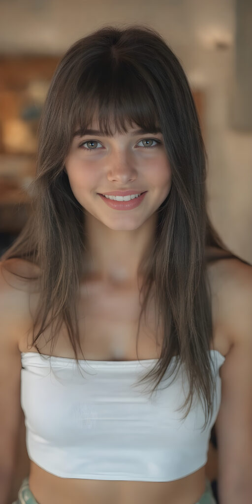 a (((super realistic and exceptionally detailed full-body photograph))), featuring a (((beautifully proportioned young teen girl) with perfectly straight soft white teeth and luxuriously long, straight, thick, black soft hair), perfectly proportioned lips that are just barely parted, wearing a (white sleeveless short crop top that covers her mid-thigh) and (short shorts) that highlight her (perfectly proportioned thighs). She is looking directly at the camera, with a warm, inviting smile. The scene is backlit with (dynamic lights) that bring out her (natural-toned figure) in a (hyper realistic portrait) reminiscent of classic Hollywood studio lighting, with (high-resolution, cinematic quality) that captures the essence of a (modern teen girl) with an (extremely detailed, hyper realistic skin) and (realistically proportioned limbs) in a (symmetrically composed, wide-angle view) that brings out her (natural beauty)