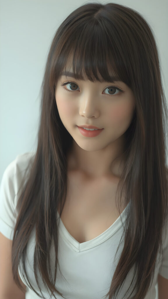 a (((super realistic full body photo))), captured from a (((young stunning and gorgeous well-busted Japanese teen girl)) with long straight obsidian hair, bangs cut, full lips, hyper-realistic eyes with perfectly matching pupils and white irises, a small flawless nose, and perfectly aligned and symmetrical front teeth, dressed in a (short tight white t-shirt with a deep v-neck)