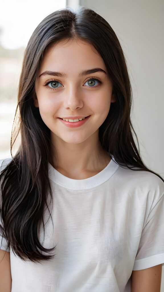 a (((super realistic))) (((detailed portrait))) of a (((beautiful young teen girl))) with (((super soft black long hair))), (((detailed big bright eyes))), and a (((playful smile))), wearing a (((white thin t-shirt))). Her complexion is a (((pale transparent complexion))), and she's posed in a (((relaxed playful pose))), looking sweetly into the camera