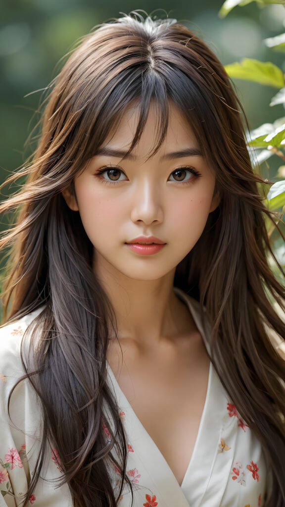 a (((super realistic, detailed portrait))), featuring a (((beautiful young Japanese gir with long, flowing hair))), her gaze softly directed towards the viewer, perfect curved body