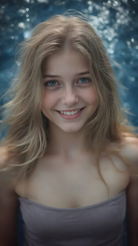 a (((super realistic full body portrait))), with intricate details and perfect proportions, capturing a ((cute teen girl)) with (long, flowing amber hair) and (detailed, brown eyes) that exude (warmth) and (soft, white skin) that blends seamlessly into a (deeply saturated, dark blue background) where the focus is on her upper body and she’s posed with a (warm smile) and perfect white teeth, wearing a (short, sheer, tight tank top) that accentuates her (perfectly proportioned figure) against a (blurry, underwater backdrop) that captures the essence of a (fantastical fantasy) atmosphere